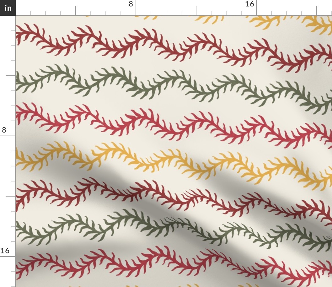 Horizontal vines in olive green, crimson and yellow on a cream base
