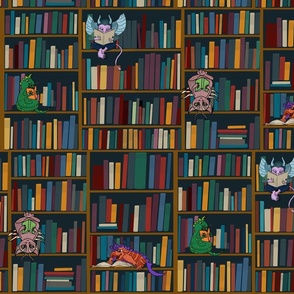Monsters Reading in the Library Stacks on the Bookshelves