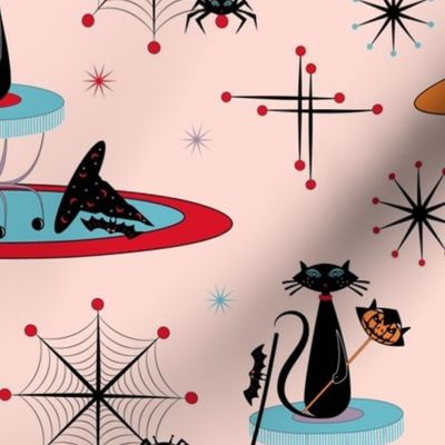 Halloween Cats, Mid Century Modern Black Cat, Spiders, Bats, Witches Hat in Orange, Black, Blue, Pink and Red