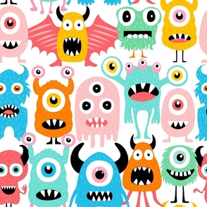 Funny Cute Monsters Pattern - White