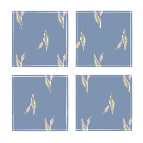 Eucalyptus Leaves in Green + Lilac on Mid Blue Background