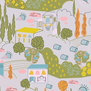 LARGE: Italian Modern Countryside Villas: Yellow, Pink and Sage 