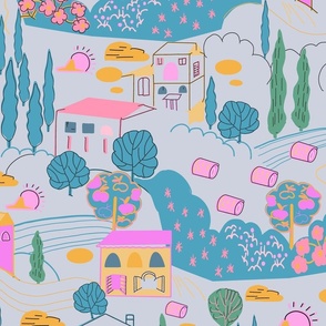 LARGE: Italian Modern Countryside Villas: Pink, Blue and Yellow 