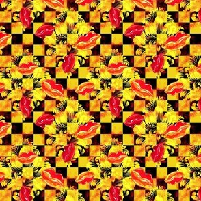 kisses cool art damask chess checkered red yellow fire pattern pashion bold