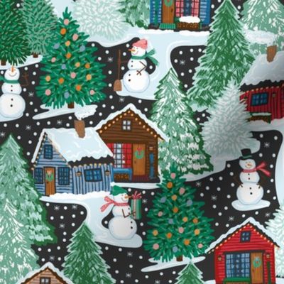 Cozy Rustic Cabin in Woods Snowman-black SMALL