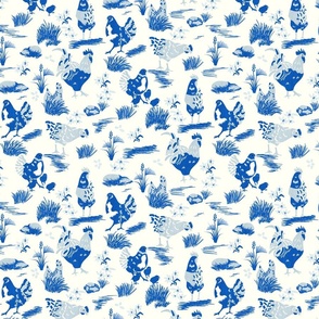 Chicken Toile- French Country Farm- Roosters Hen and Chicks on Pasture- Cobalt Blue on Ivory- Regular Scale