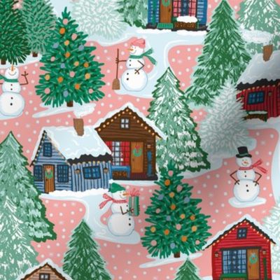 Cozy Rustic Cabin in Woods Snowman-Salmon pink SMALL