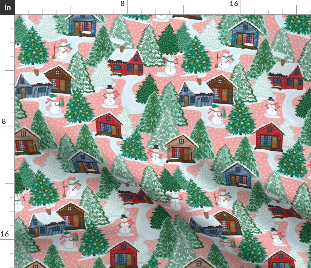 Cozy Rustic Cabin in Woods Snowman-Salmon pink SMALL