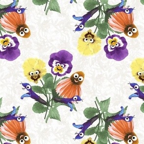 Cute Flowers with Faces Orange Up Down on Cream Texture
