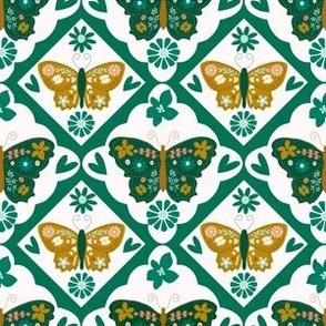 Medium Scale // Emerald Green Vintage Check Butterflies on White (Boho Palette)