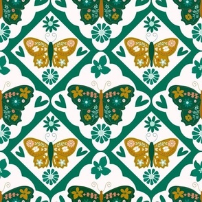Large Scale // Emerald Green Vintage Check Butterflies on White (Boho Palette)