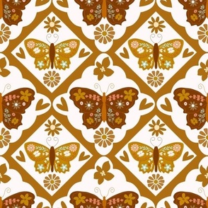 Large Scale // Burnt Sienna Brown Vintage Check Butterflies on White (Boho Palette)