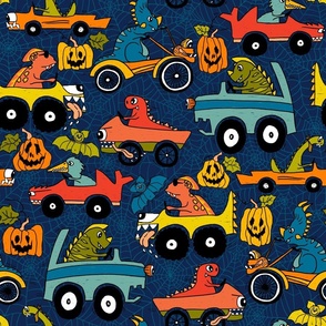 Cool Dinosaurs on their Monster trucks on Halloween racing-colorful retro on dark blue