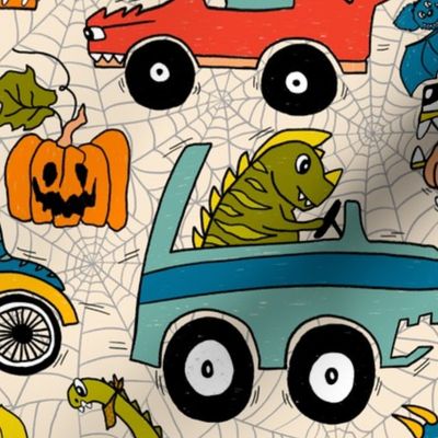 Cool Dinosaurs on their Monster trucks on Halloween racing-colorful retro on light