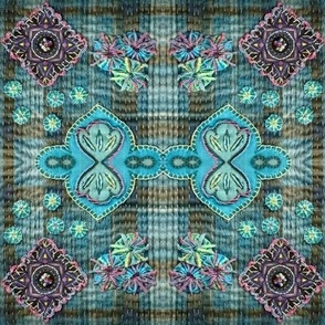 Originally hand embroidered appliquéd art quilt mirrored, textures, boho quilt effect Shashiko, Boro embroidery Pink, blues and turquoises