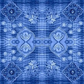 Cabin core Originally hand embroidered appliquéd art quilt mirrored, textures, boho quilt effect Shashiko, Boro embroidery Ultramarine blue hues