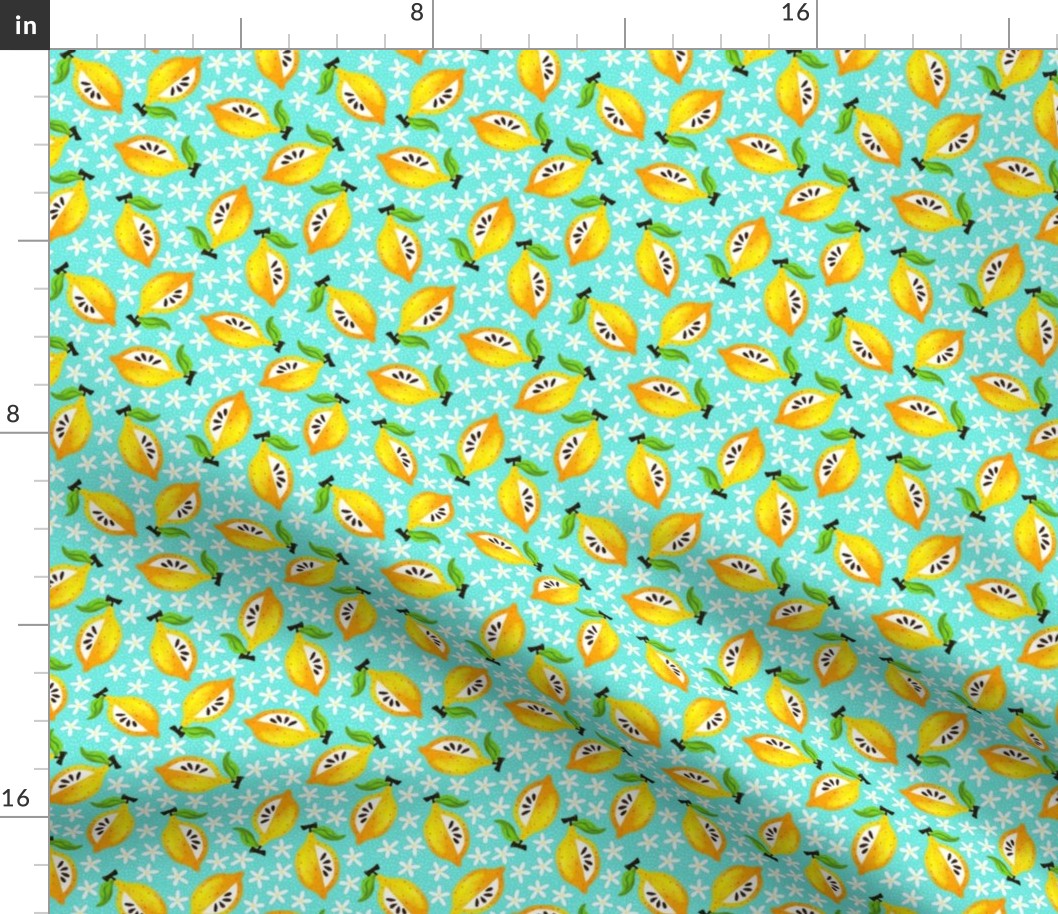 Watercolor Lemon White Floral on Teal Blue for Summer | Juicy Fruit Non-directional Tossed