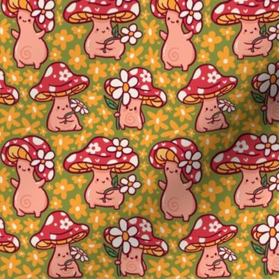 Groovy Mushrooms with Flowers in a Cottagecore Meadow Cute | Shroom Woodland Botanical Characters