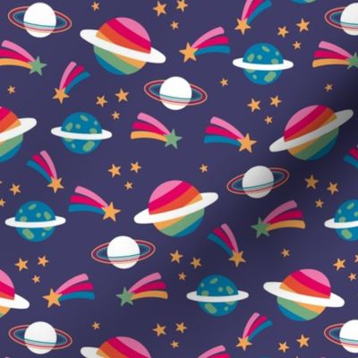 Retro outer space science class design - moon planets shooting stars kids school design rainbow colors pink red yellow blue green on navy blue