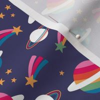 Retro outer space science class design - moon planets shooting stars kids school design rainbow colors pink red yellow blue green on navy blue