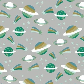 Retro outer space science class design - moon planets shooting stars kids school design green blue on gray