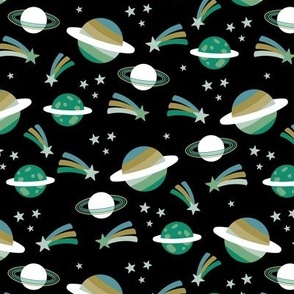 Retro outer space science class design - moon planets shooting stars kids school design green blue on black night