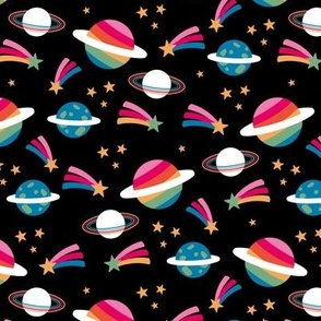 Retro outer space science class design - moon planets shooting stars kids school design blue green pink yellow on black night