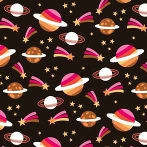 Retro outer space science class design - moon planets shooting stars kids school design pink orange yellow brown on black vintage palette girls