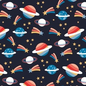 Retro outer space science class design - moon planets shooting stars kids school design yellow orange red blue on navy