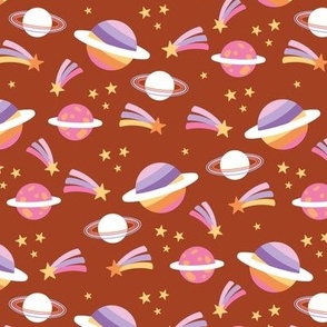 Retro outer space science class design - moon planets shooting stars kids school design pink lilac yellow on burnt orange sienna