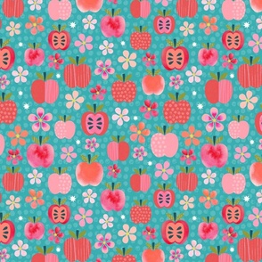 Pink Lady Apple Blossoms - Teal - Small scale