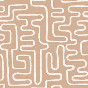 Boho Chic Hand-drawn Ivory Ecru Off-White Line Art in Ethnic Tribal Design on Earthy Sunbaked Terracotta Orange Background in Modern Minimalistic Mid-Century Aesthetic for Upholstery, Wallpaper & Scandinavian Home Décor with Neutral Color Palette