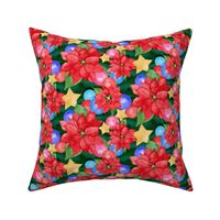 Retro 1960s Christmas Watercolour Poinsettias Baubles and Stars maximalist medium scale 6 inch