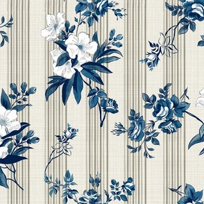 Stripe French vintage blue and white ticking, neutrals roses