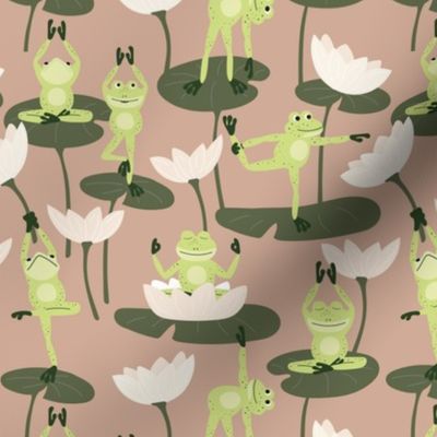 Cute yoga frogs on lotus flowers and leaves summer pond water lilies green sage lime on tan