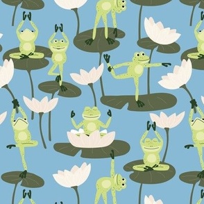 Cute yoga frogs on lotus flowers and leaves summer pond water lilies lime green olive on moody blue