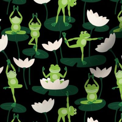 Cute yoga frogs on lotus flowers and leaves summer pond water lilies apple green pine on black