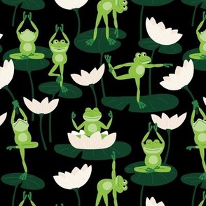 Cute yoga frogs on lotus flowers and leaves summer pond water lilies apple green pine on black