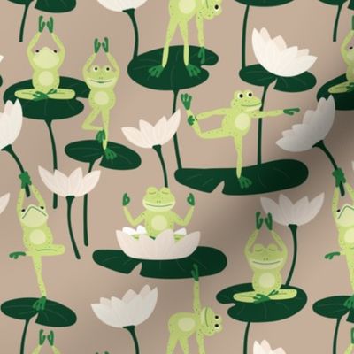Cute yoga frogs on lotus flowers and leaves summer pond water lilies pine green sage lime on tan beige vintage palette