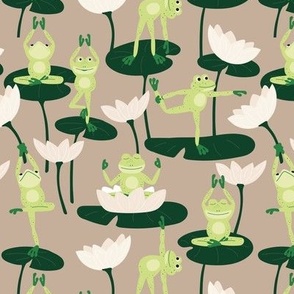 Cute yoga frogs on lotus flowers and leaves summer pond water lilies pine green sage lime on tan beige vintage palette