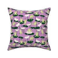 Cute yoga frogs on lotus flowers and leaves summer pond water lilies pine green lime on fuchsia purple