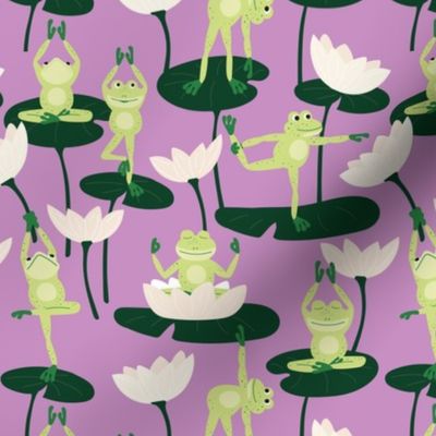 Cute yoga frogs on lotus flowers and leaves summer pond water lilies pine green lime on fuchsia purple