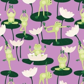 Cute yoga frogs on lotus flowers and leaves summer pond water lilies pine green lime on fuchsia purple