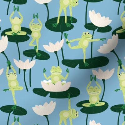 Cute yoga frogs on lotus flowers and leaves summer pond water lilies minty green sage lime on cool blue