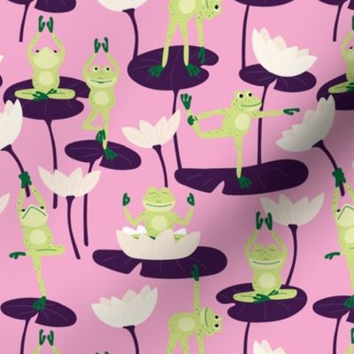 Cute yoga frogs on lotus flowers and leaves summer pond water lilies lime green purple on pink