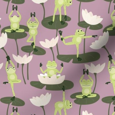 Cute yoga frogs on lotus flowers and leaves summer pond water lilies lime green olive on moody purple