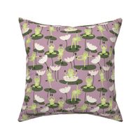 Cute yoga frogs on lotus flowers and leaves summer pond water lilies lime green olive on moody purple