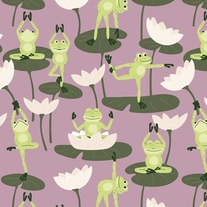Cute yoga frogs on lotus flowers and leaves summer pond water lilies lime green olive on moody purple