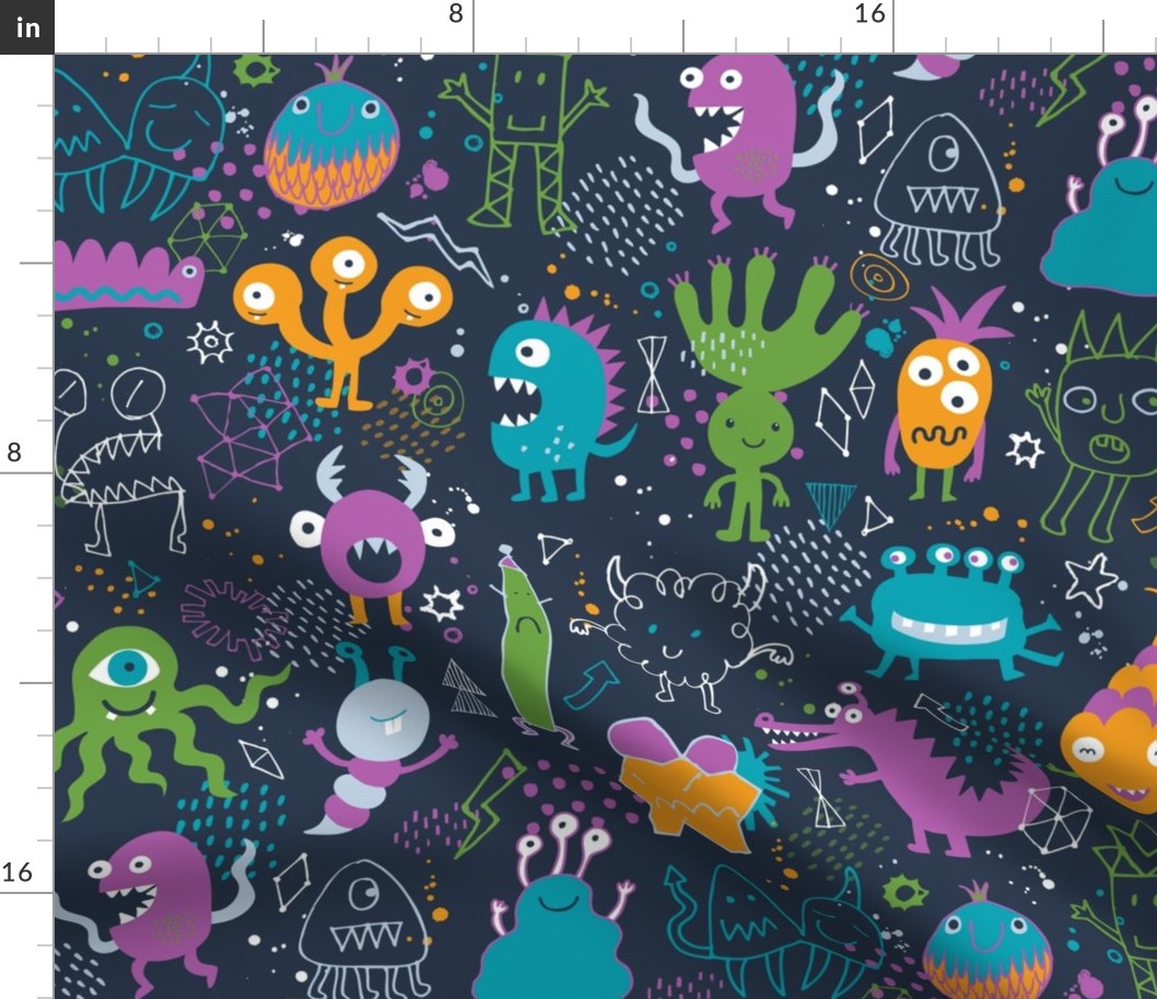 Chalkboard Monsters - Orange, green and teal on dark navy - large scale