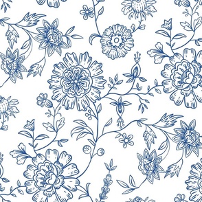 Vintage floral design with toile vibe, blue navy on white, medium